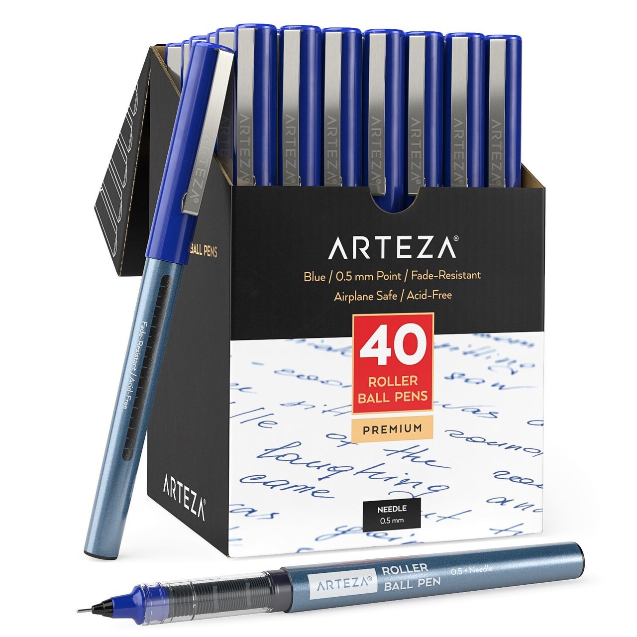 Arteza Roller Ball Pens, Blue Ink, 0.5 mm Needle Point - 40 Pack